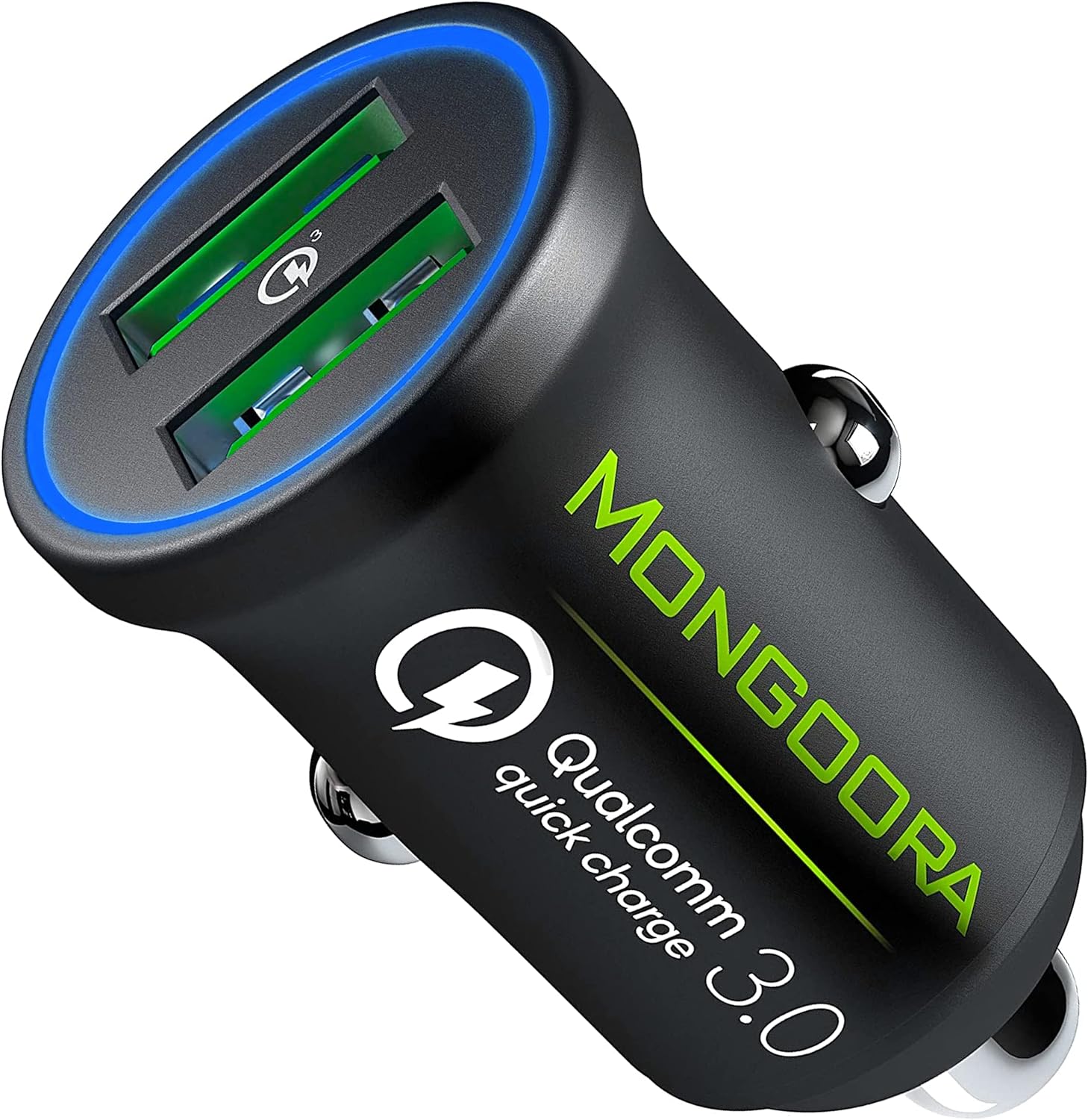 I wanted to replace my older 2.1 dual USB charger with a more powerful version for mobile charging of a new drone. Enter the Mongoora Qualcom Quick Charge 3.0 Dual USB charger. I was drawn to this unit because of its minimalist design, metal casing, eye-catching lime green charger ports, & the individual Qualcom charger board design. The charger arrived quickly & was nicely packaged & presented.The first thing I noticed about the Mongoora charger is its compact size. It is at least 1/2 shorter 