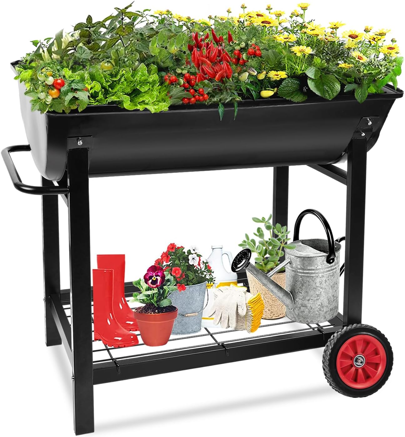 Aveyas Enameled Steel Raised Planter Box: Elevated Garden Bed Cart with Legs, Gardening Set Included (Waterproof Glove, 3-piece Shovel Set, Tags, Maker Pen), Ideal for Indoor & Outdoor Patio, Backyard