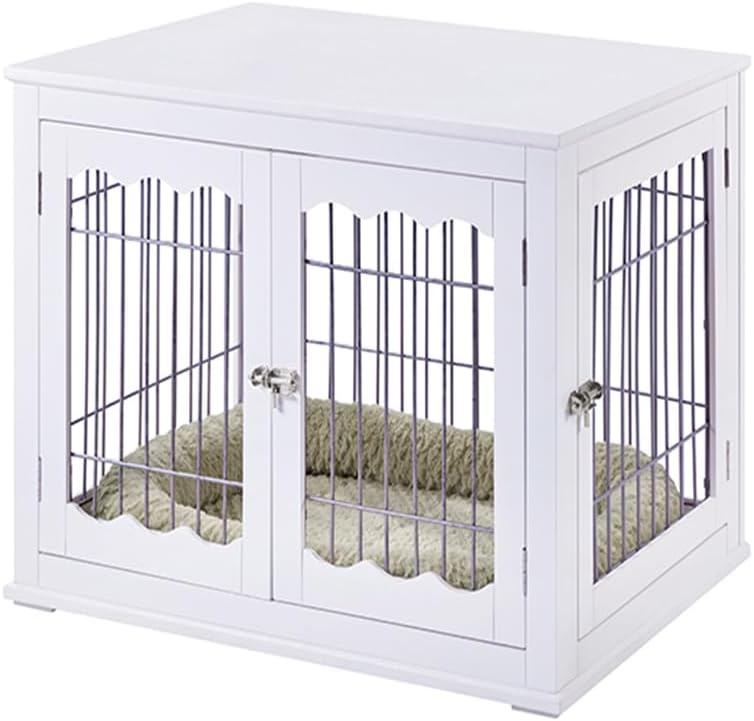 unipaws Furniture Style White Dog Crate for Medium Large Dogs, Indoor Aesthetic Dog Stuff Kennel, Modern Decorative Wood Wire Pet House Dog Cage, Pretty Cute End Side Table Nightstand