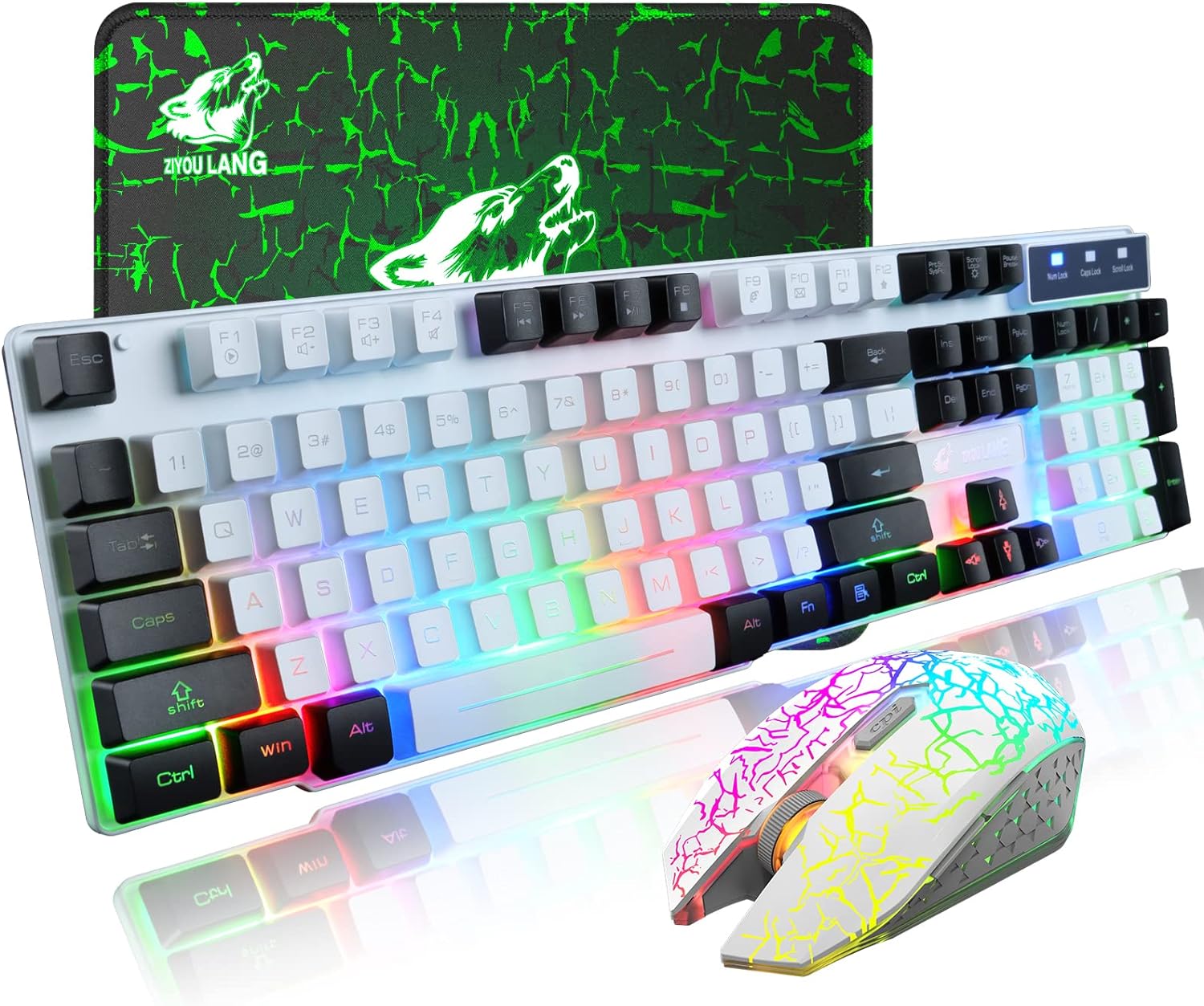 Wireless Gaming Keyboard and Mouse Combo Muti-Color Keycaps Rainbow Backlit Mechanical Feel Keyboard RGB Carck Luminescent Mice Mouse Pad for PC%2fMac Gamer, Typist, Travel