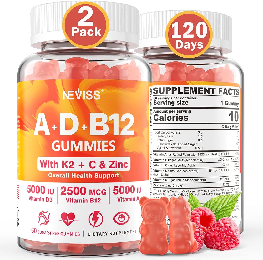 Sugar-Free Vitamin ADK + Vitamin B12 Gummies for Adults - B12 Vitamins 5000mcg 2500mcg, Vitamin A, Vitamin D 10000iu 5000iu, Vitamin D3 K2, C, Zinc for Eye,Bone,Heart,Energy,Mood,Nerve,Immune,120 Days