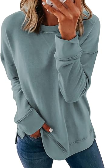 Dokotoo Womens Casual Long Sleeve Crewneck Sweatshirt Loose Fit Solid Basic Comfy Pullover Tunic Shirts Tops Blouse Side Split Fall 2024 Fashion Blue Small