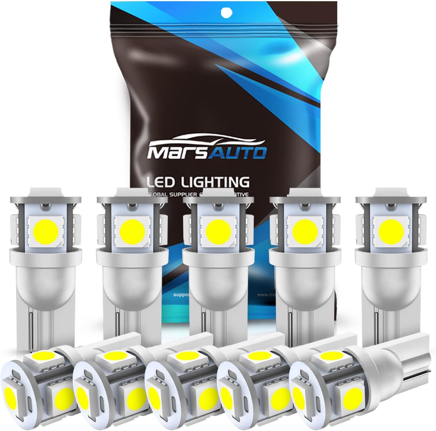 Marsauto 194 LED Bulb 6000K White 168 T10 2825 5SMD Replacement Bulbs for Car Dome Map Door Courtesy License Plate Lights (Pack of 10)