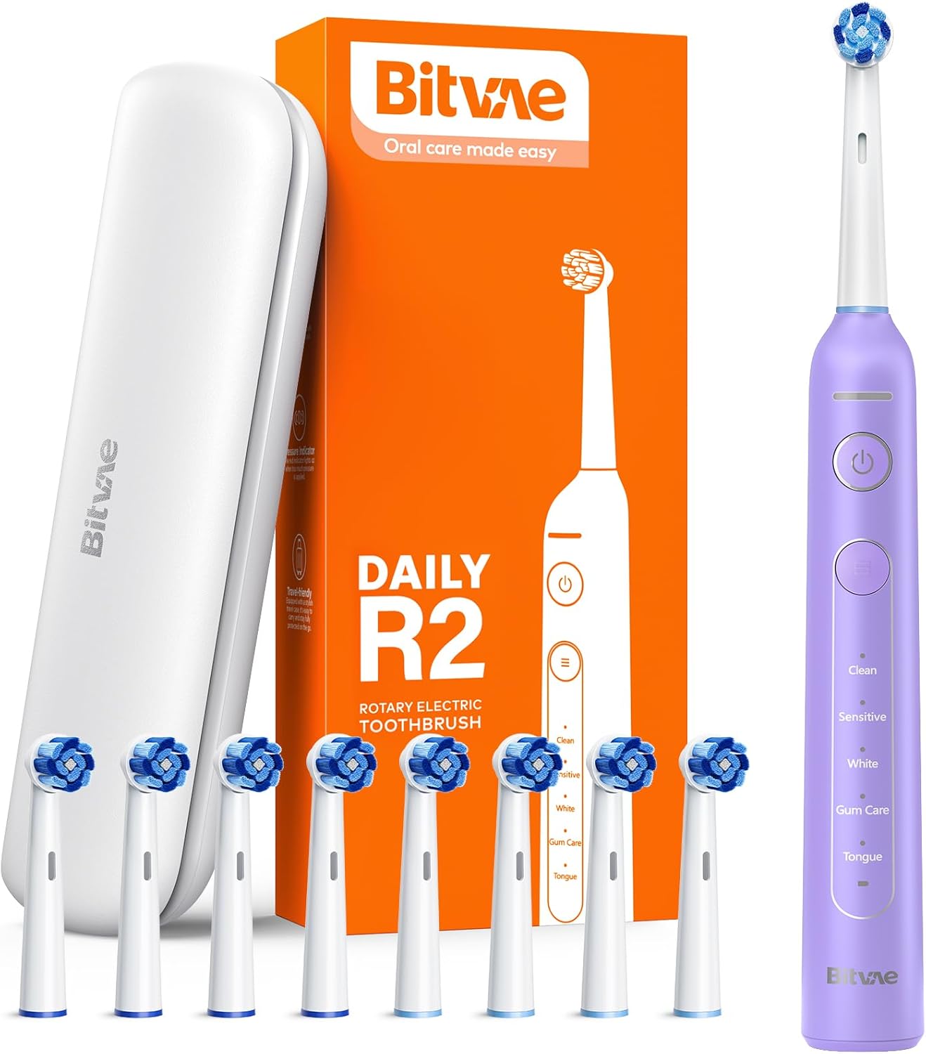 Bitvae R2 Rotating Electric Toothbrush for Adults with 8 Brush Heads, 5 Modes Rechargeable Power Toothbrush with Pressure Sensor, Purple