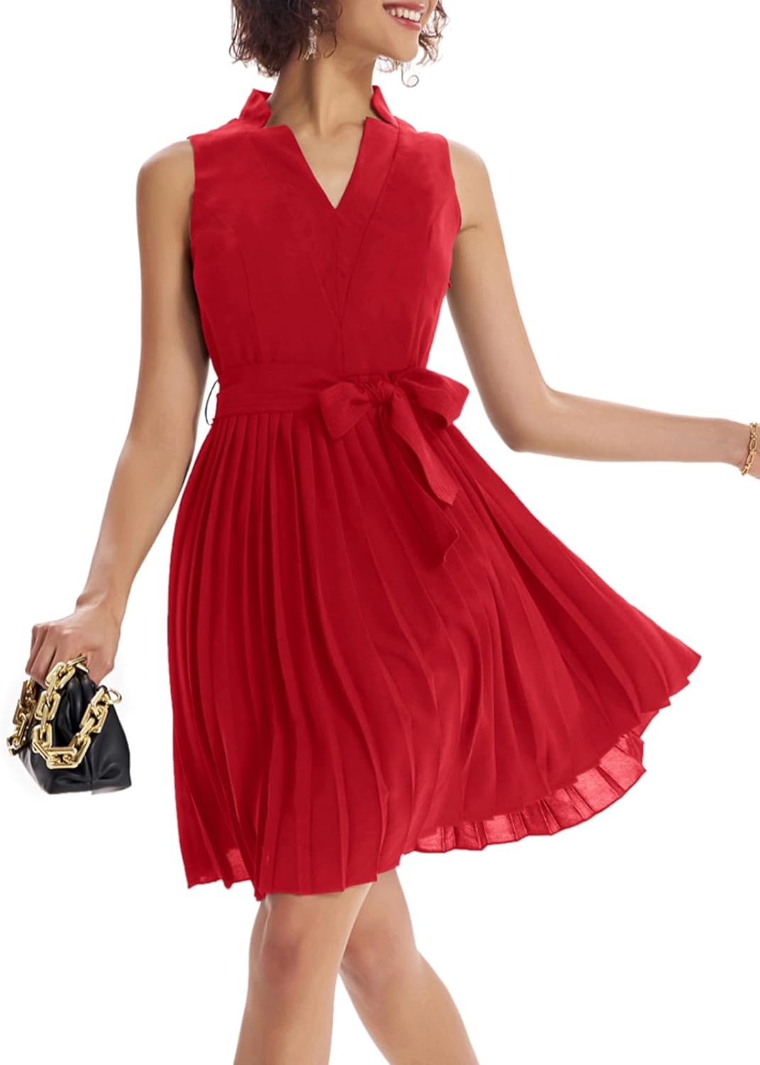 GRACE KARIN Women Elegant Pleated Swing Dress Solid Sleeveless V-Neck Work Dress