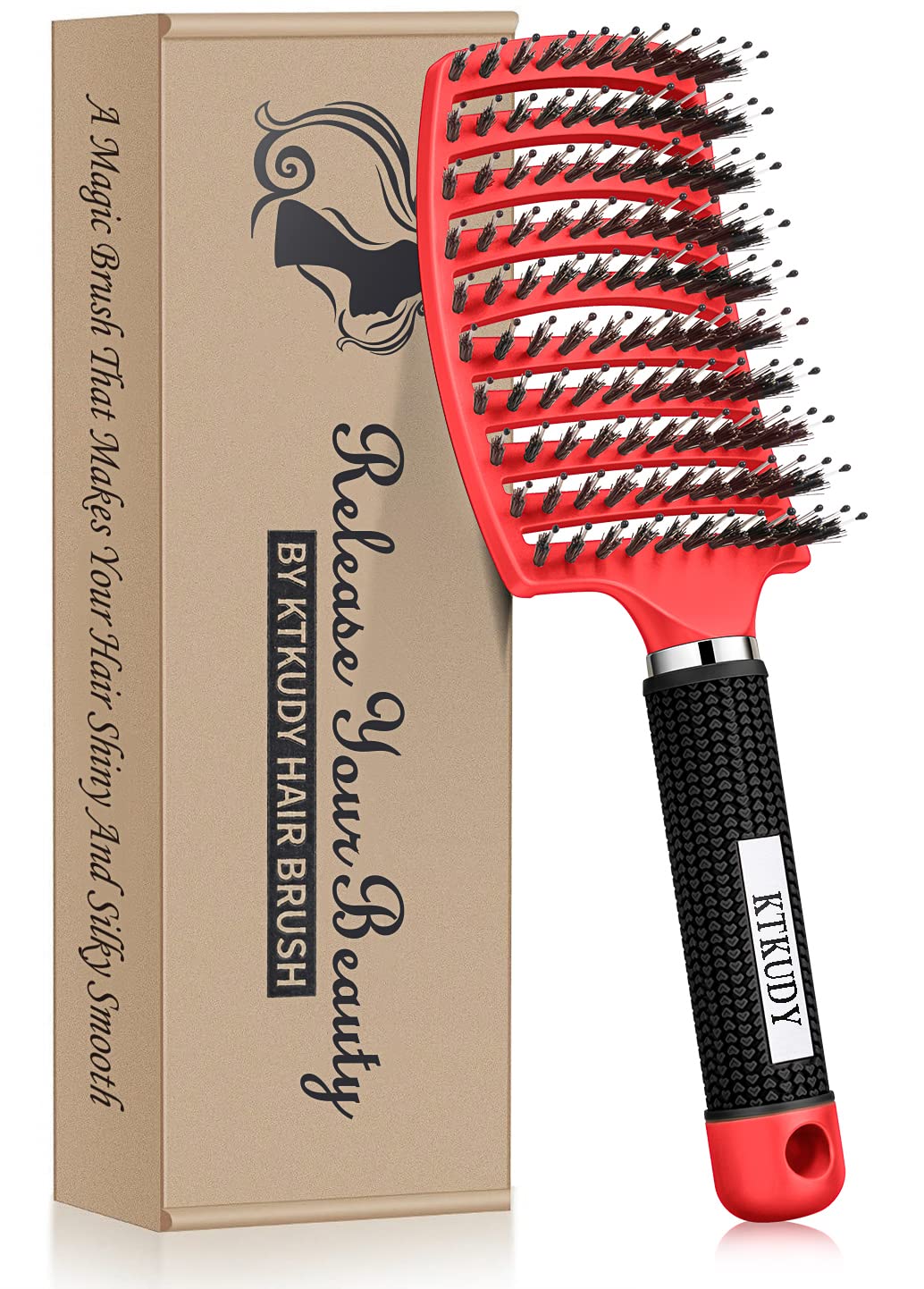 KTKUDY Detangling Brush Boar Bristles Hair Brush Make Hair Shiny & Healthier Curved and Vented Detangler Brush for Women Men Kids Wet and Dry Hair (Red)