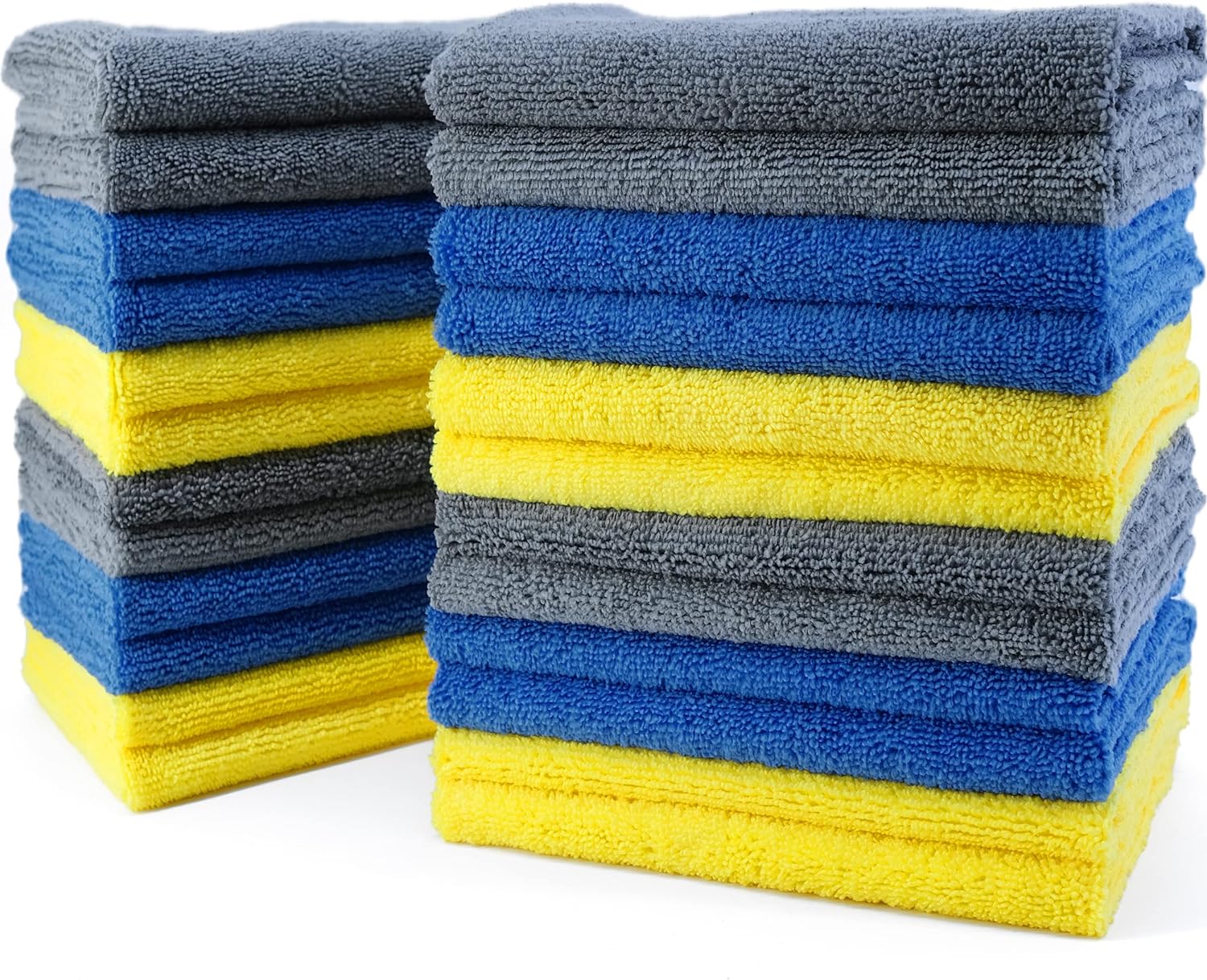 POLYTE Microfiber Cleaning Towel Ultrasonic Cut Edgeless (16x16, 24 Pack, Premium, Blue,Gray,Yellow)