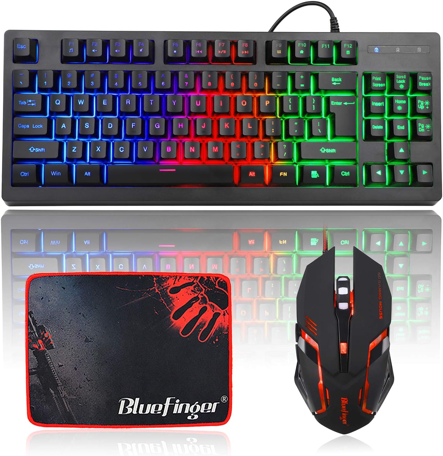 RGB 87 Keys Gaming Keyboard and Backlit Mouse Combo,BlueFinger USB Wired Rainbow Keyboard,Gaming Keyboard Set for Laptop PC Computer Game and Work