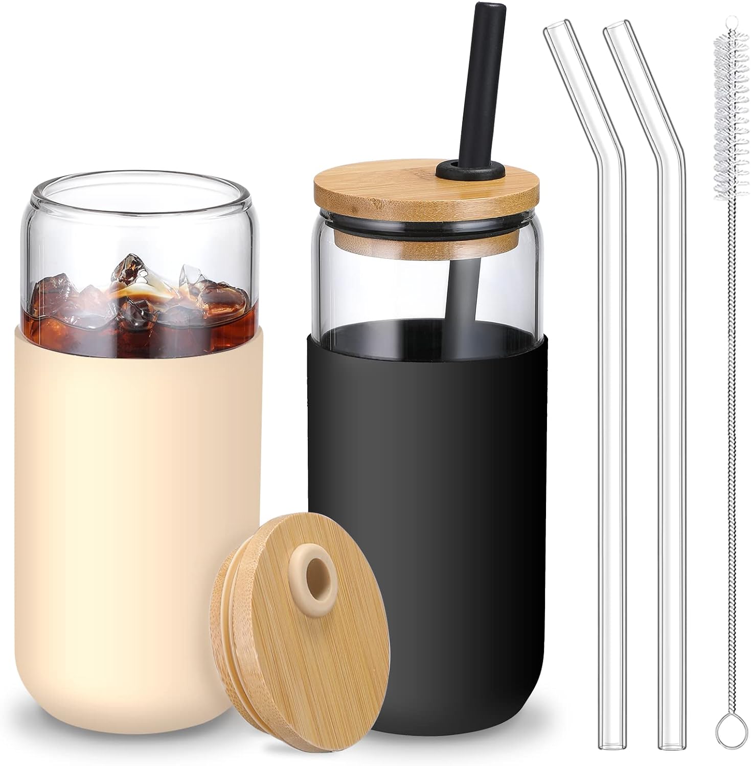 20 OZ Glass Cups with Bamboo Lids and Straws - Beer Can Shaped Drinking Glasses with Silicone Protective Sleeve Set for Iced Coffee, Water, Smoothie, Boba Tea, Gift, 2 Colors