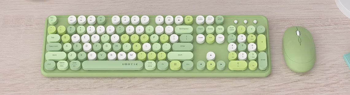 UBOTIE Colorful Computer Wireless Keyboards Mouse Combos, Typewriter Flexible Keys Office Full-Sized Keyboard, 2.4GHz Dropout-Free Connection and Optical Mouse (Green-Colorful)