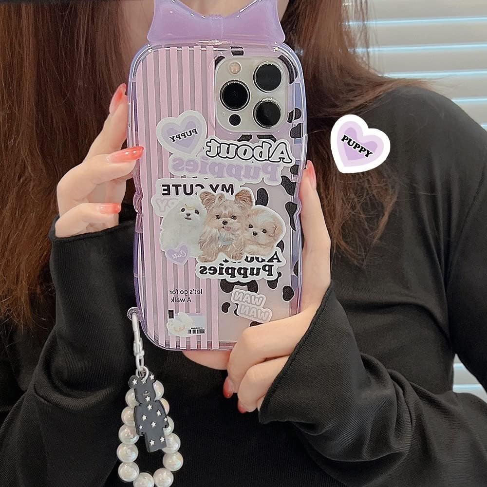 for iPhone 13 Pro Max Case Purple Cute Kawaii Puppy Pet Y2K Collage Girly Print Bow Shape Design Aesthetic for Women Girls TPU Case with Charm Lovely Bear Lanyard Beaded Accessories