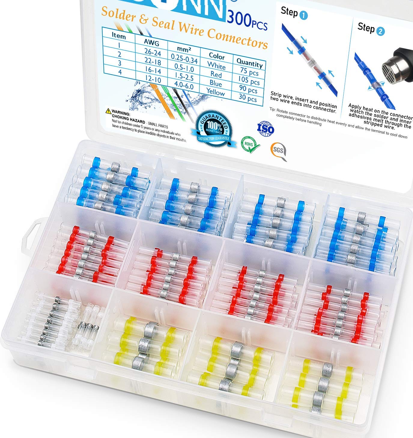 TICONN 300 Pcs Solder Seal Wire Connectors, Heat Shrink Butt Connectors, Waterproof and Insulated Electrical Wire Terminals, Butt Splice (300PCS)