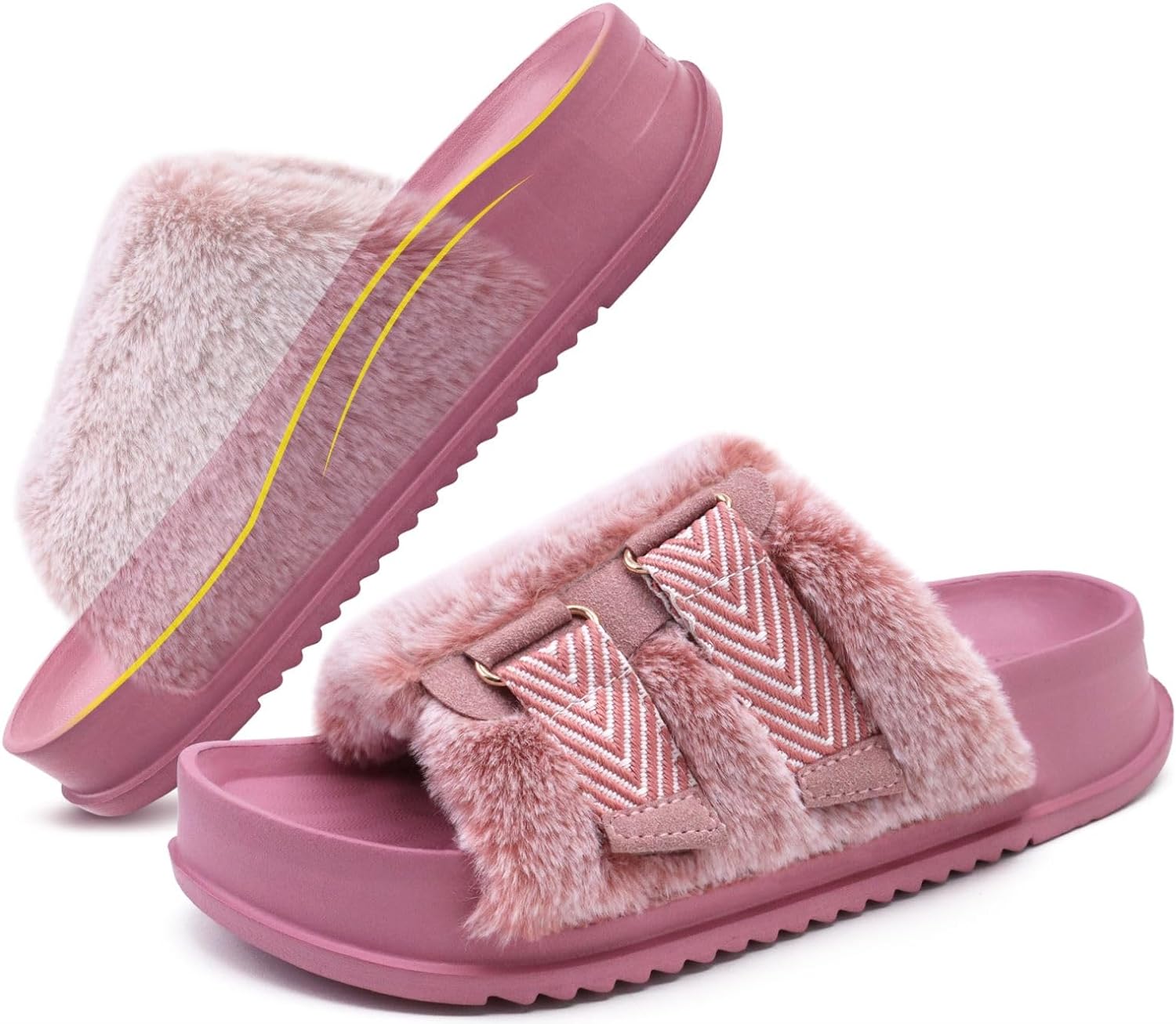 KuaiLu Womens Platform Slipper with Arch Support Soft Cushion Faux Fur Sandals Open Toe House Slipper Fluffy Slides Indoor Outdoor,6~12