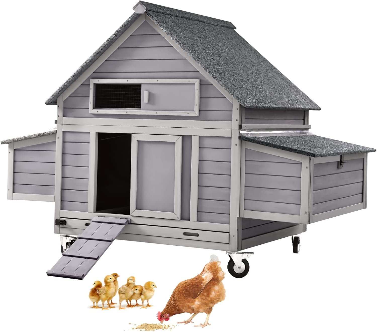 Gutinneen Chicken Coop Poultry Cage on Wheels Outdoor Duck Coop Wooden Hen House with Large Nesting Box, Movable