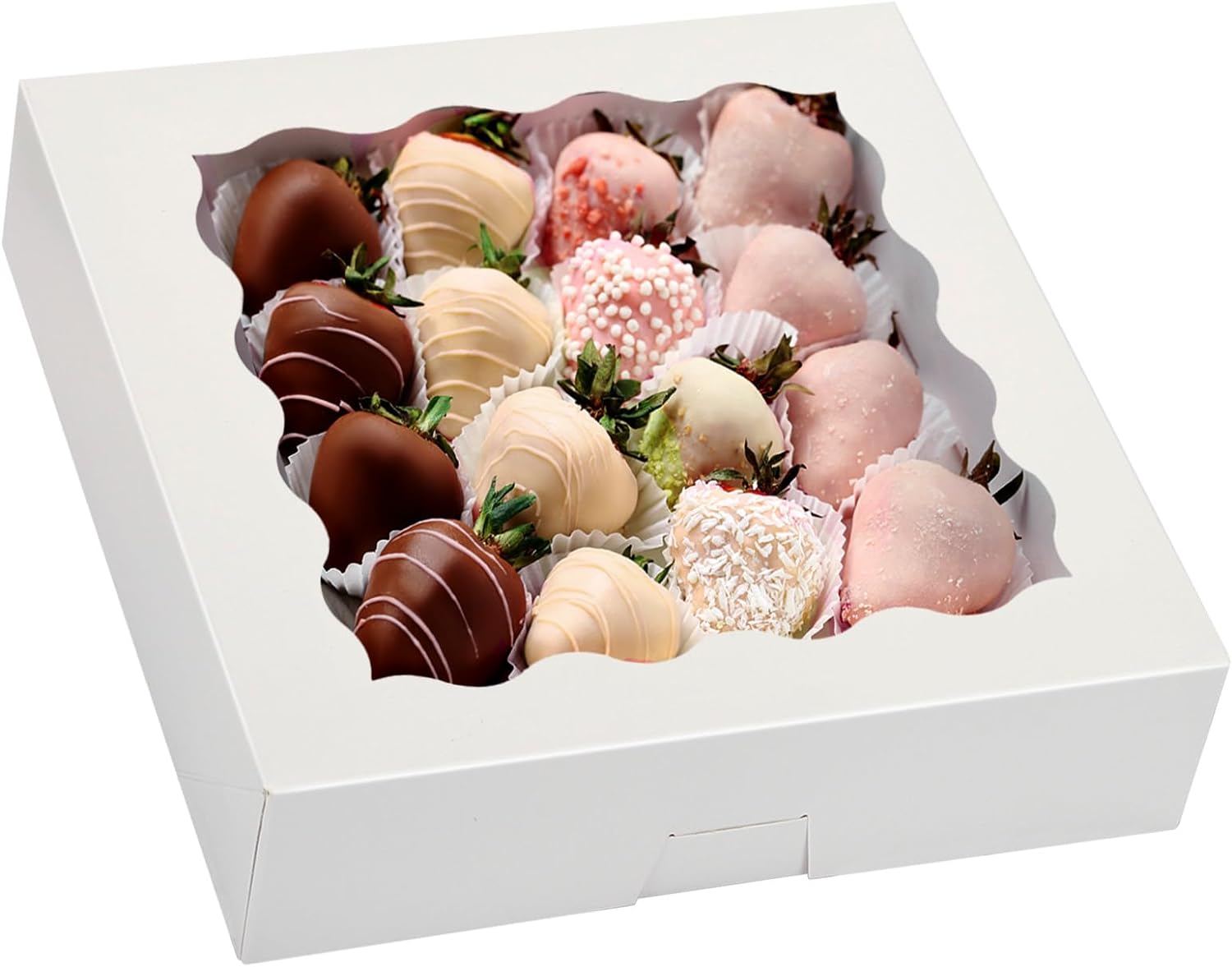 Moretoes 35pcs Bakery Boxes, 10x10x2.5 Inches Cookie Boxes with Window Pie Boxes for Cookies, Pastries, Pies, Chocolate Covered Strawberries, Valentine's Day (White)