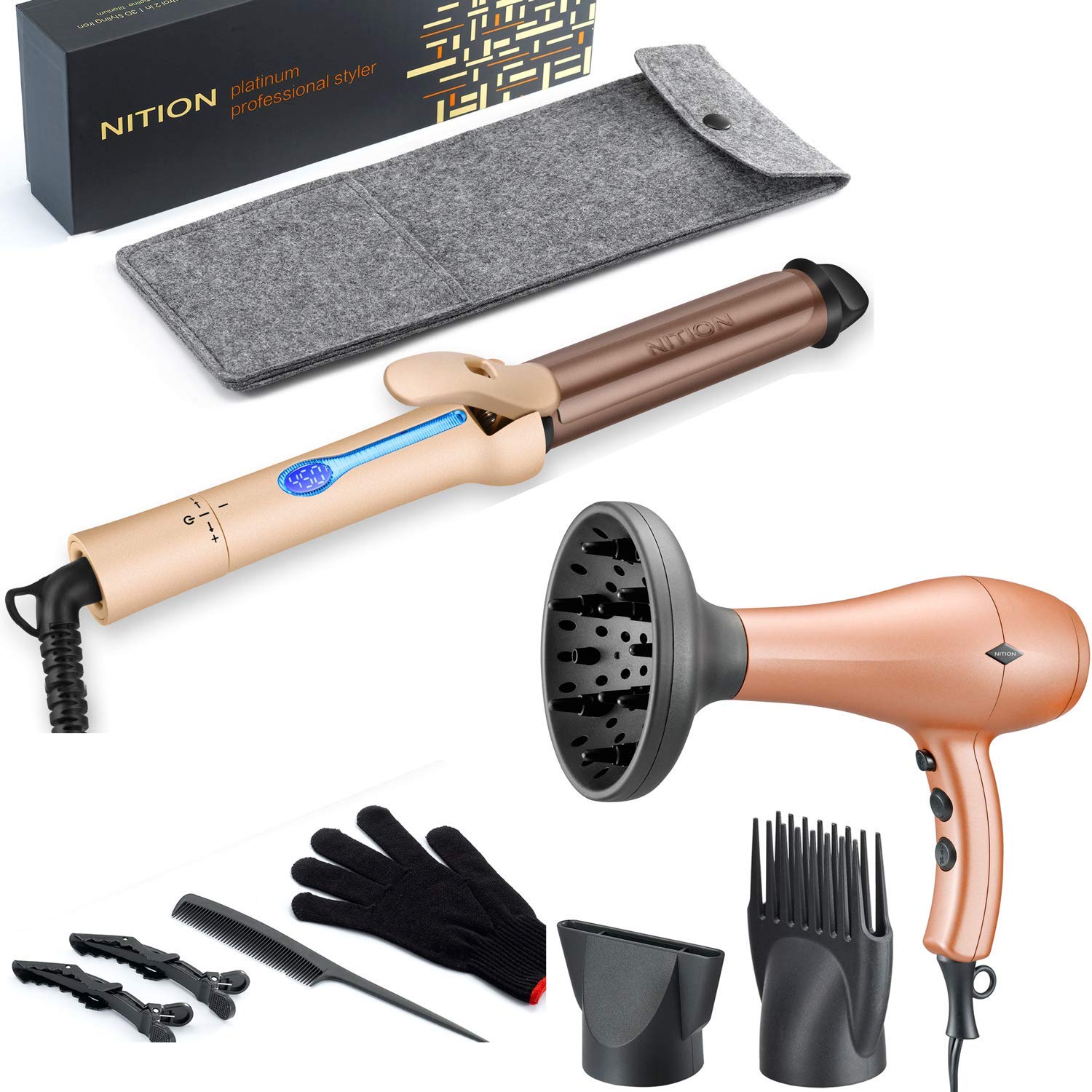 NITION Hair Dryer with Diffuser and 1 14 inch Argan Oil Curling Iron Set