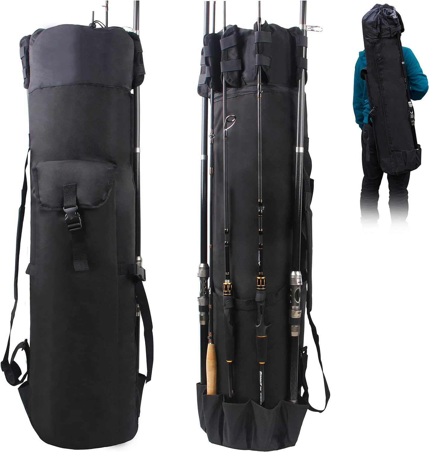 Fishing Pole Bag with Rod Holder Fishing Rod Bag Carrier Case 5 Poles Waterproof Travel Case Fishing Tackle Box Storage Bag Durable Fishing Gear Organizer Fishing Gift for Men (Black)