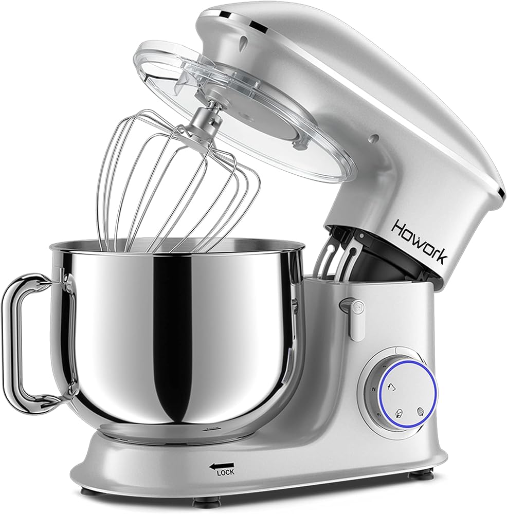 HOWORK 8.5QT Stand Mixer, 660W 6 P Speed Tilt-Head, Electric Kitchen Mixer With Dishwasher-Safe Dough Hook, Beater, Wire Whip & Pouring Shield(8.5 QT, Silver)