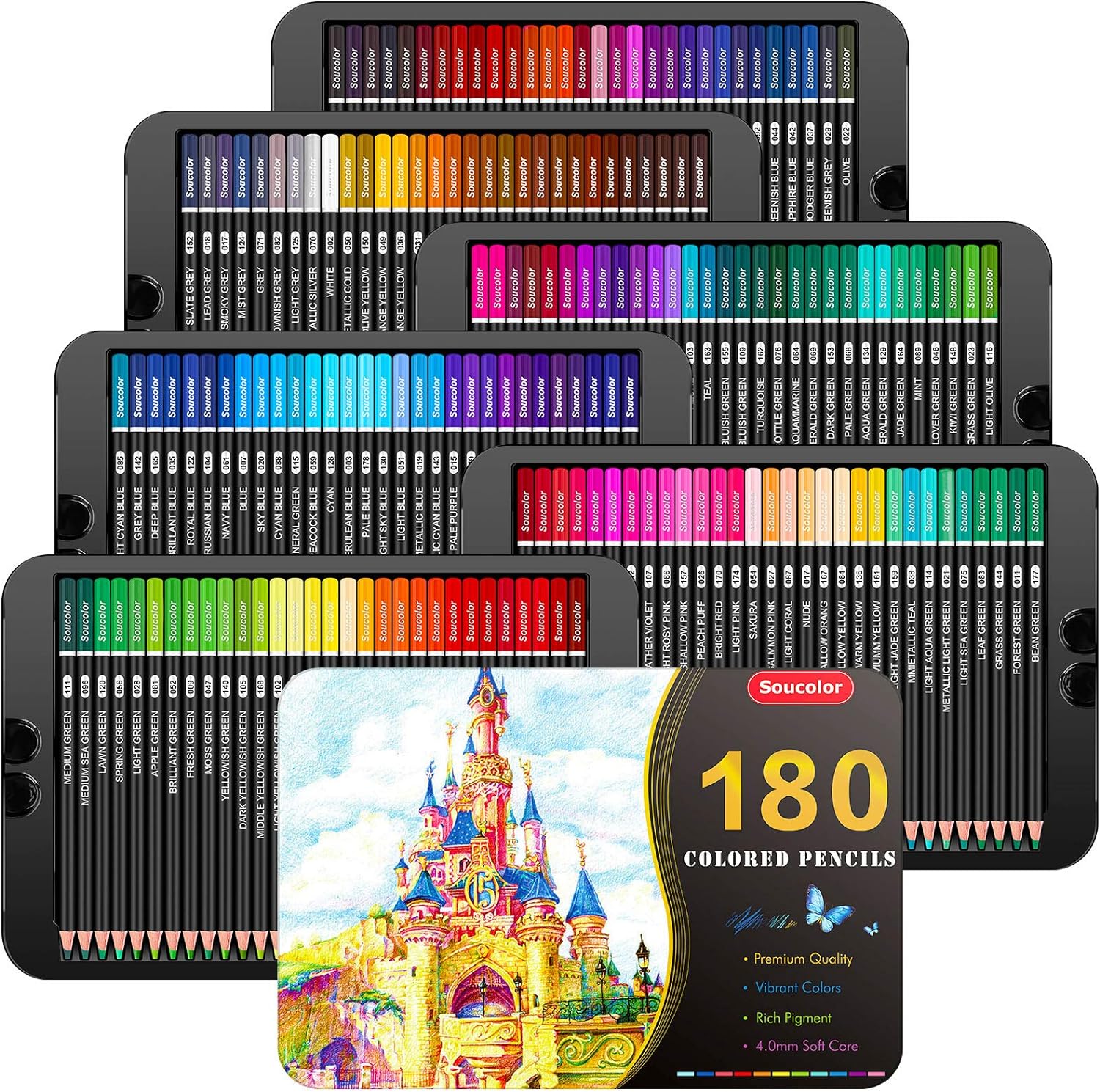 Soucolor 180-Color Artist Colored Pencils Set for Adult Coloring Books, Soft Core, Professional Numbered Art Drawing Pencils for Sketching Shading Blending Crafting, Gift Tin Box for Beginners Kids