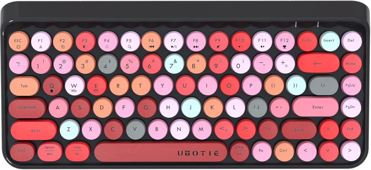 UBOTIE Portable Bluetooth Colorful Computer Keyboards, Wireless Mini Compact Retro Typewriter Flexible 84Keys Design Keyboard (Black-Colorful)