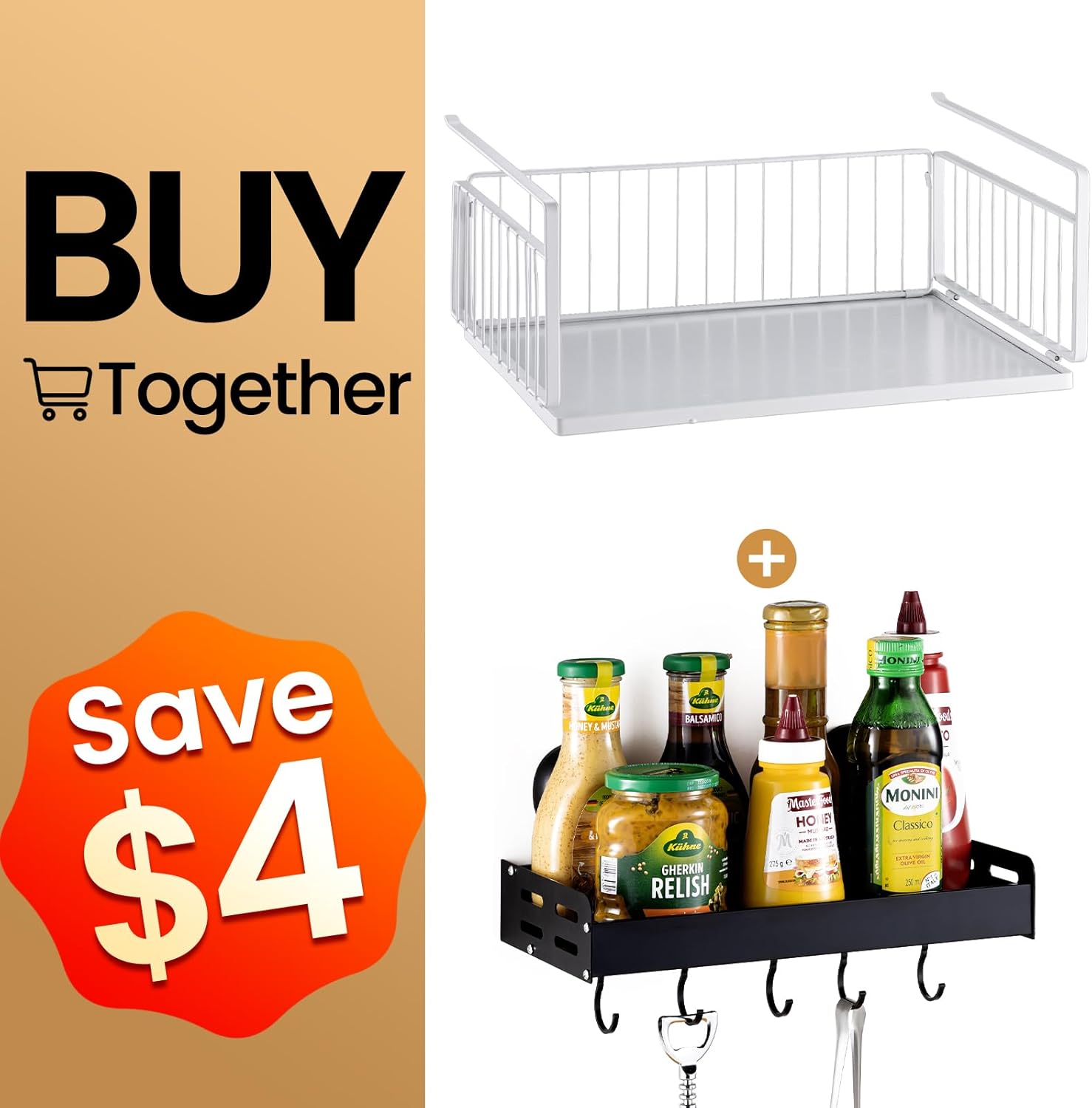 TAILI Under Shelf Basket(XL) & Suction Cup Spice Rack for Refrigerator With 5 Hooks, Hanging Organizer Racks, Kitchen Storage