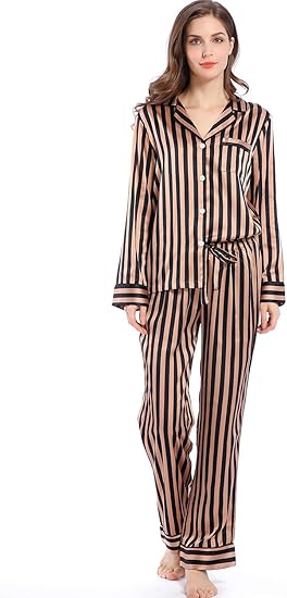 Serenedelicacy Women' Satin Pajama Set Long Sleeve Button Down Sleepwear 2-Piece Striped Silky Pj Set