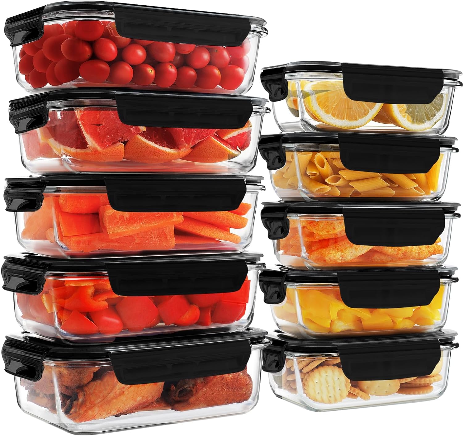 10 Pack Glass Meal Prep Containers, Glass Food Storage Containers with Locking Lids, Airtight Glass Lunch Bento Boxes, BPA-Free & Leak Proof, 36oz & 14oz (10 lids & 10 Containers), Black