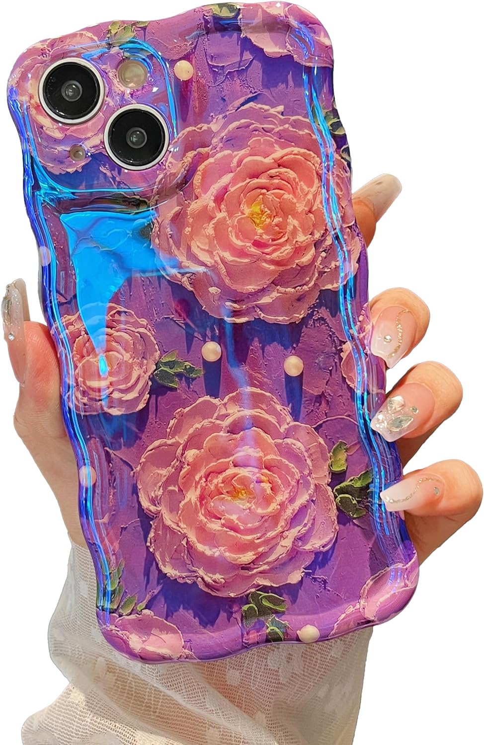 XIZYO Case for iPhone 14 Plus/15 Plus, Colorful Retro Oil Painting Flower Cute Floral Aesthetic Curly Wave Frame Laser Glossy Reflective Exquisite Stylish Protective Cover Women Girls-Peony/Purple