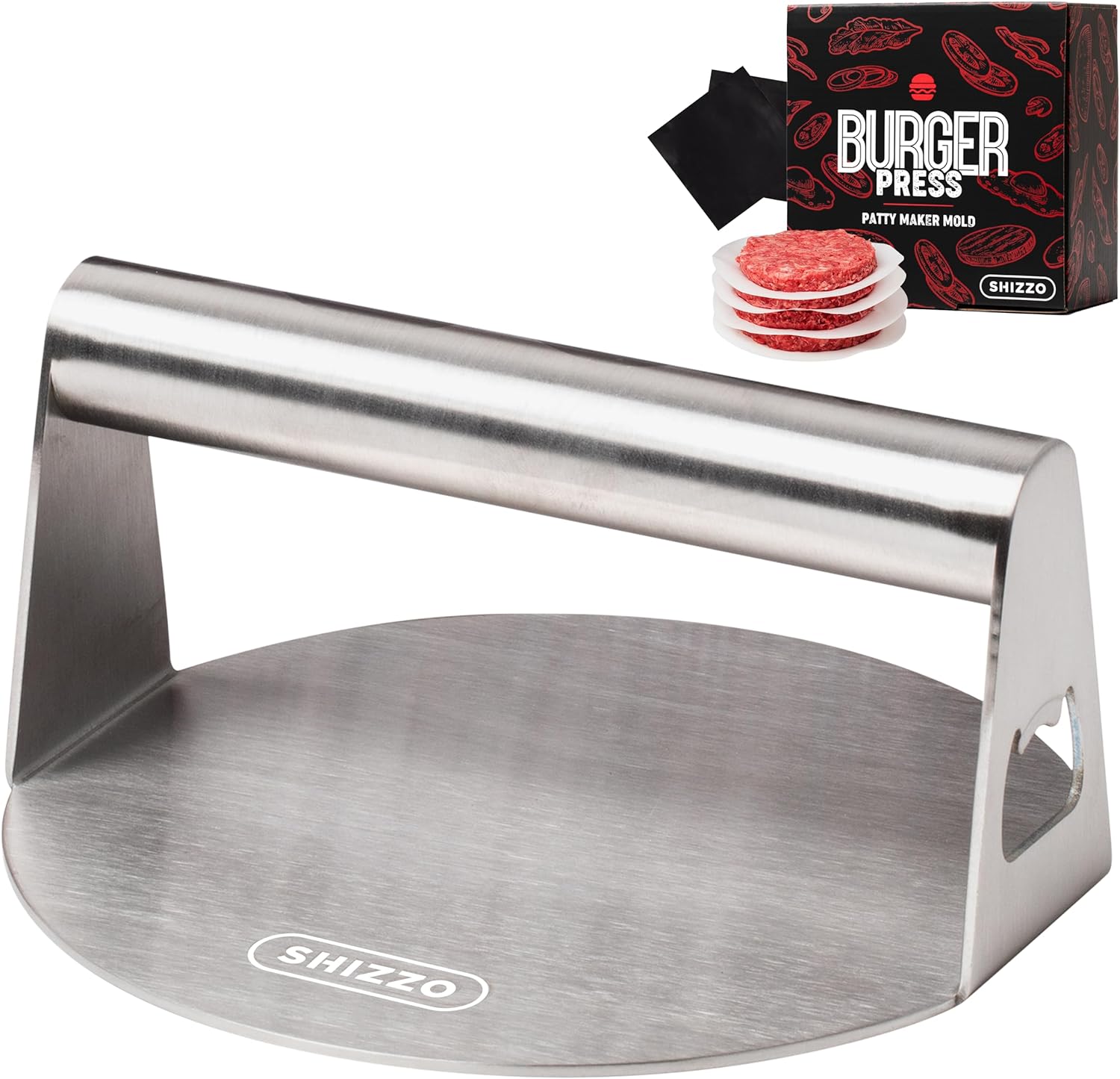 SHIZZO Burger Press 6.2'' with Bottle Opener, Stainless Steel Bacon Smasher, Griddle Accessories Kit, Perfect for smash burger press, Griddle Cooking Tool, for Patty, Bacon, Hamburger, Gift