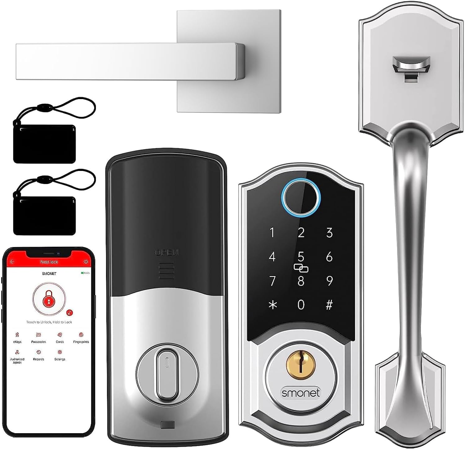 Smart Front Door Lock Set: SMONET Keyless Entry Door Lock with Handle, Smart Front Door Handle Set, Fingerprint Smart Deadbolt Bluetooth Electronic Digital Keypad Lock, Auto Lock, Alexa Lock Silver