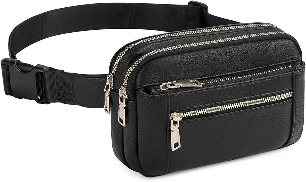 Telena Fanny Packs for Women Cross Body Bag Leather Belt Bag Fashionable Waist Bag with Adjustable Strap Black