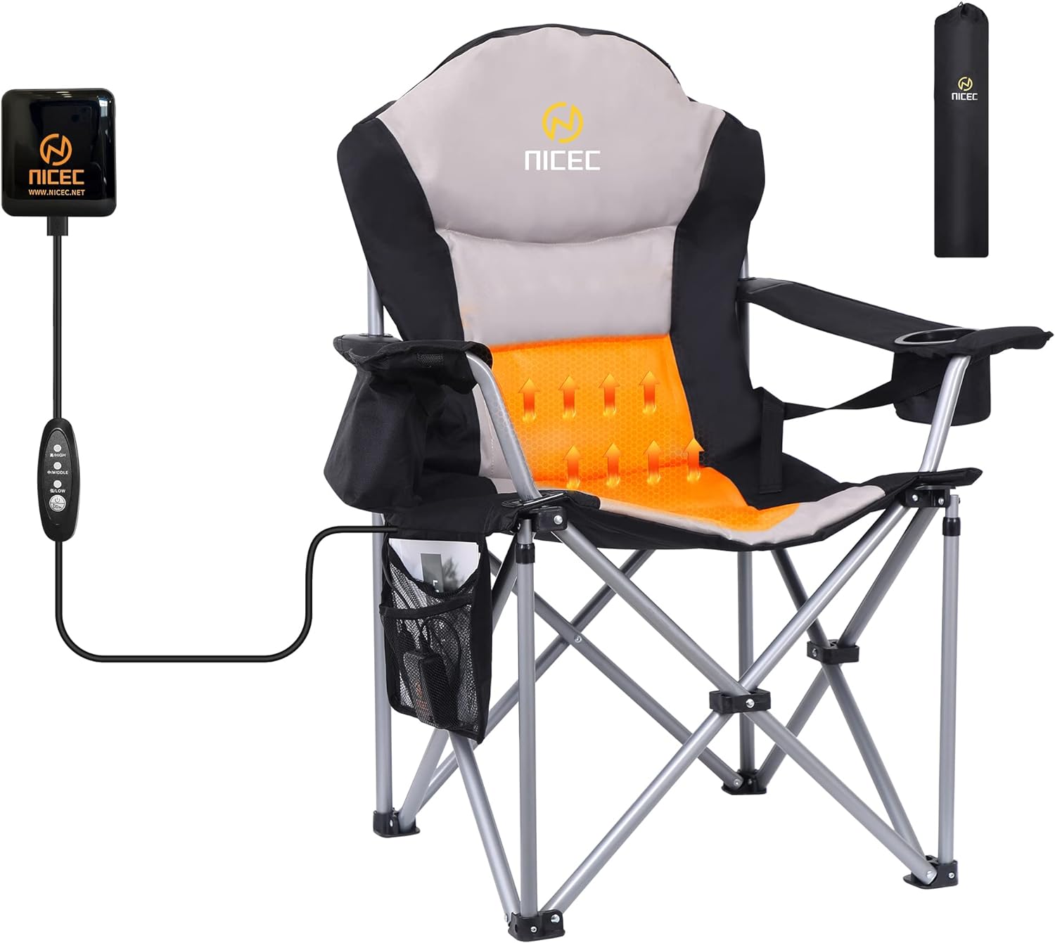 Nice C Outdoor Heated Chair, Heated Camping Chair, Folding Chair, Beach Chair, Wide&Thick Padding, Heavy Duty Cooler, Carry Bag, Cupholder & Side Pockets, 10000mAh Power Bank Included (1 Pack)