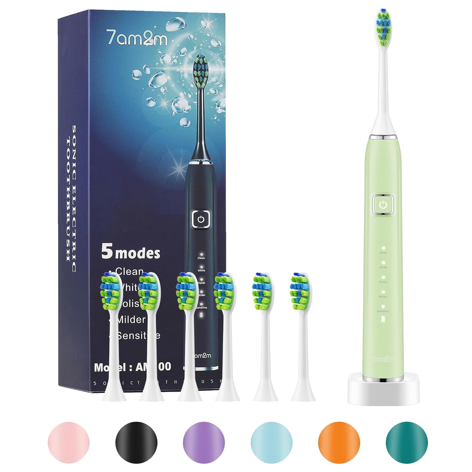 7AM2M Sonic Electric Toothbrush with 6 Brush Heads for Kids and Children, One Charge for 90 Days, Wireless Fast Charge, 5 Modes with 2 Minutes Built in Smart Timer, Electric Toothbrushes(Green)