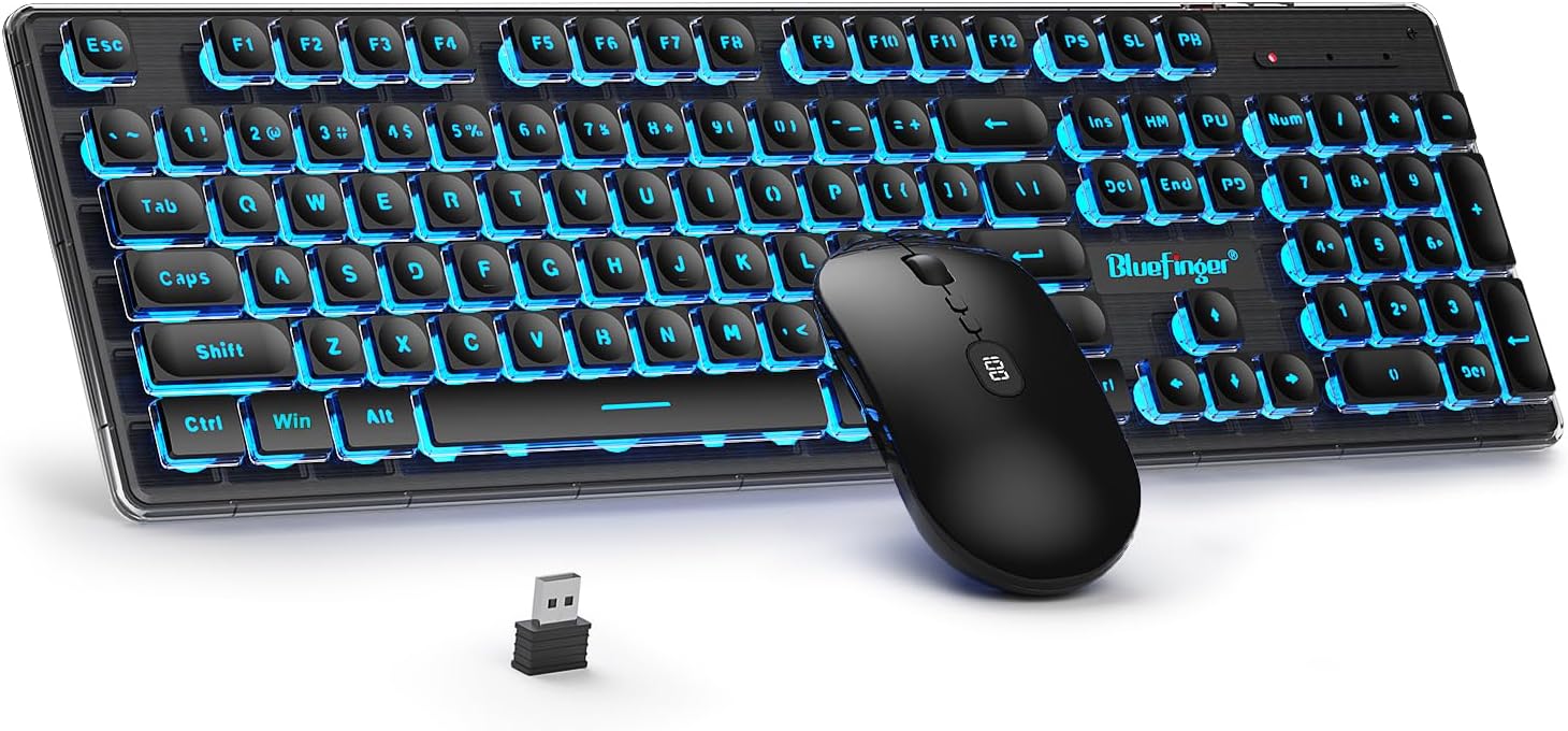 Wireless Keyboard and Mouse with Power Display, Blacklit Rechargeable Full Sized Silent Light Up Gaming Keyboard Mouse Combo for Computer, Mac, Laptop, PC (Black)