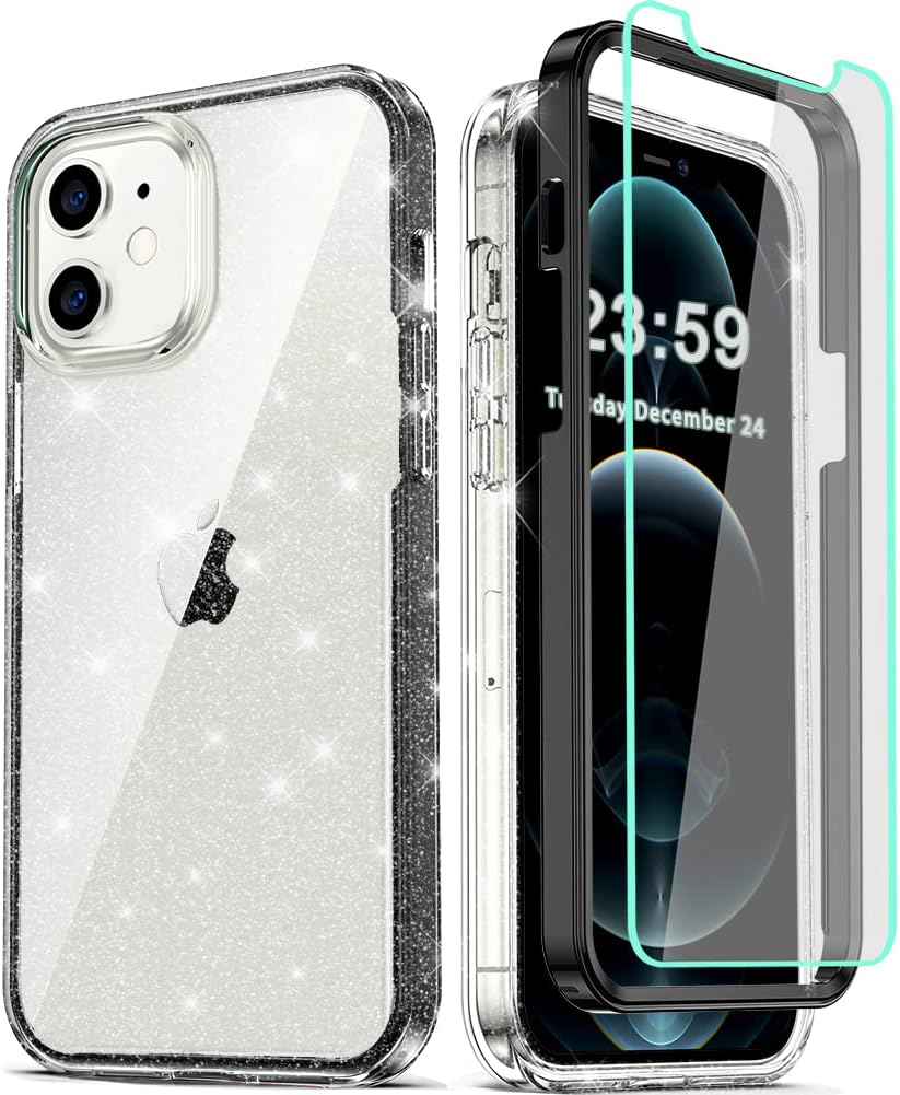 COOLQO Compatible for iPhone 12 /iPhone 12 Pro Case, with [2 x Tempered Glass Screen Protector] Clear Glitter Sparkle 360 Full Body Coverage Silicone 3in1 Shockproof Protective Phone Cover Black