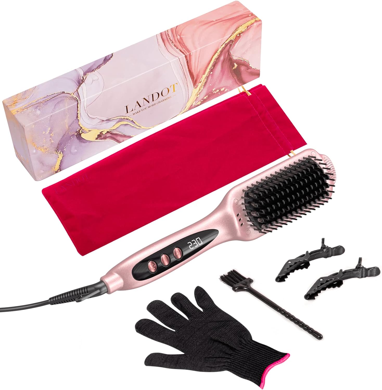 LANDOT Hair Straightener Brush Heated Straightening Brush: Negative Ion Hot Hair Brush for Smooth Frizz-Free Hair - Ceramic Flat Iron Brush - Dual Voltage Fast Heating Rose Gold