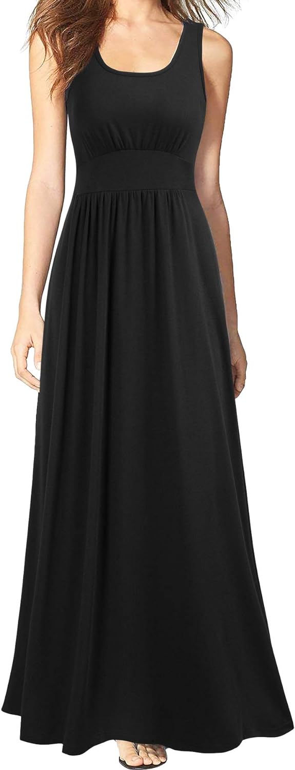 WOOSEA Women Sleeveless Scoop Neck Loose Plain Long Maxi Casual Dress