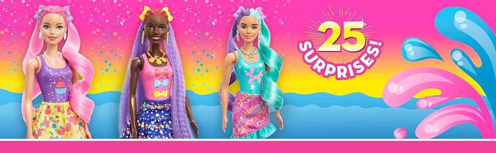 Barbie Color Reveal Glitter! Hair Swaps Doll, Glittery Pink with 25 Hairstyling & Party-Themed Surprises Including 10 Plug-in Hair Pieces, Gift for Kids 3 Years Old & Up