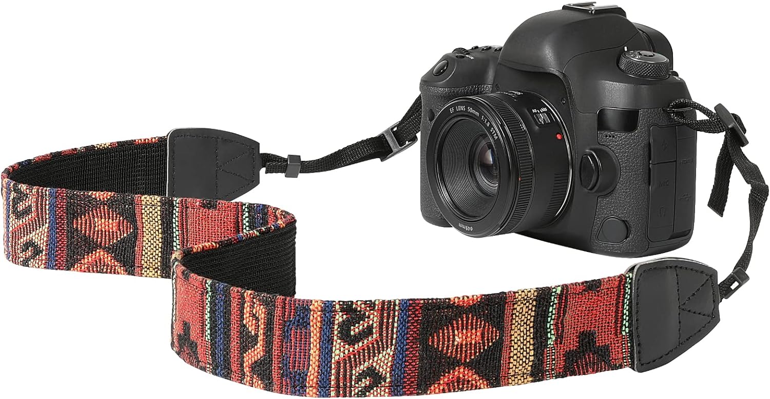 MoKo Camera Strap, Retro Cotton Canvas Woven Strap Universal Shoulder Neck Strap Belt for ALL DSLR/SLR Cameras Canon/Sony/Nikon, Adjustable Thin Strap for Adults & Kids, Bohemia Dark Orange