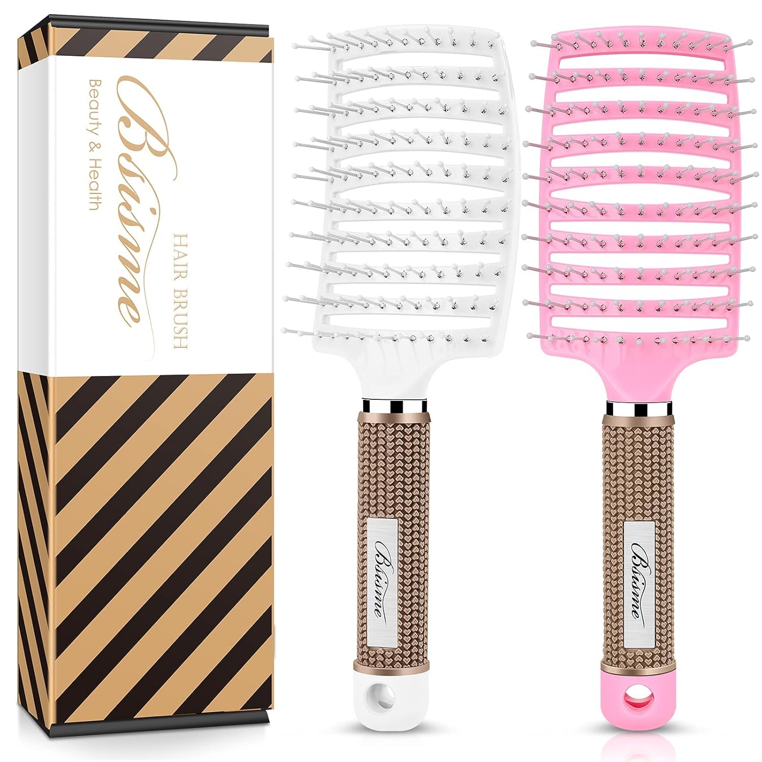 Hair Brush Set, Curved Vented Detangling Hair Brushes for Women Men Kids, Professional Vent Styling Brush for Wet Dry Curly Thick Straight Hair Fast Blow Drying Brush (Pink+ White)