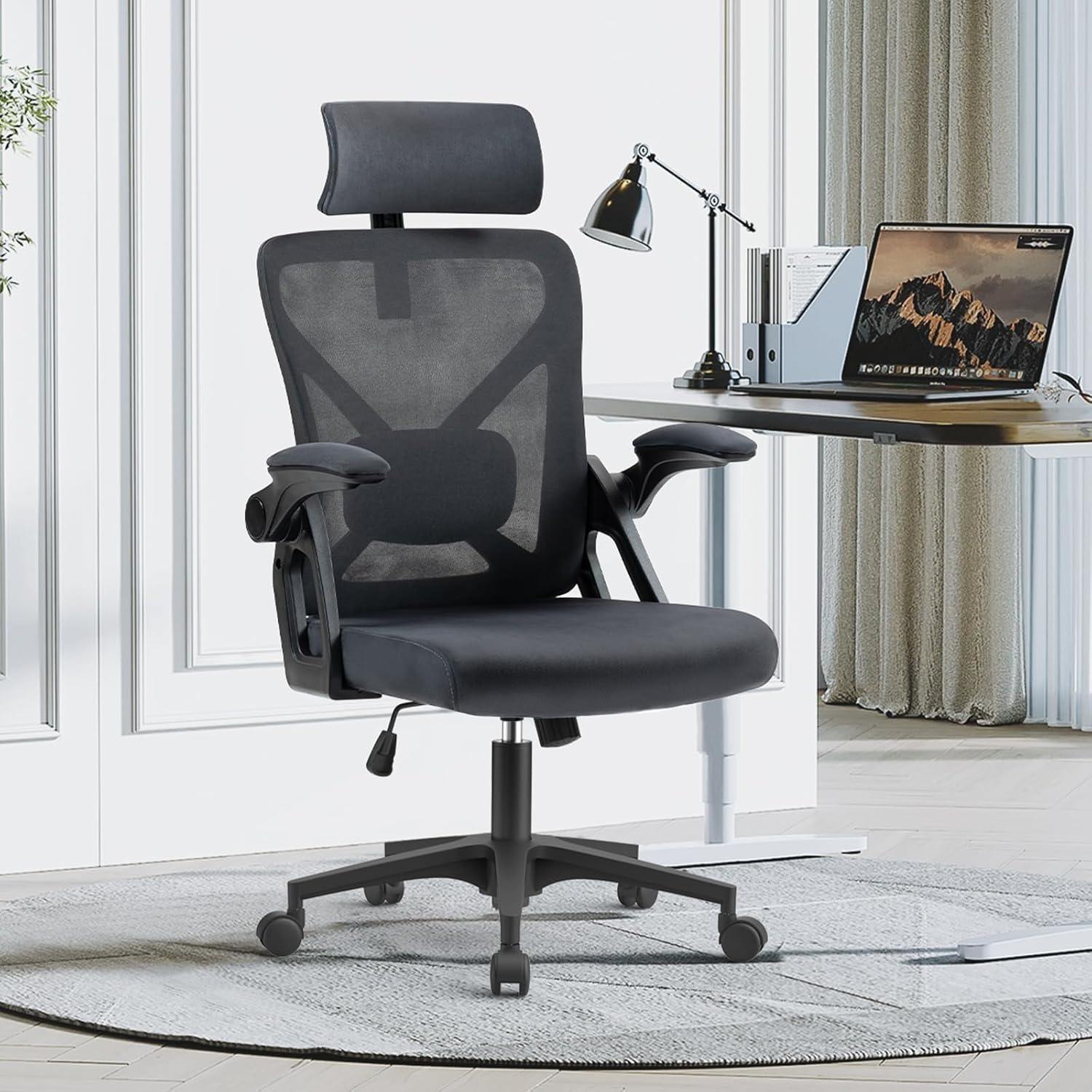 SEATZONE Black Ergonomic Desk Chair with Lumbar Support Adjustable Office Chair Ergonomic Mesh Back Support, Tall Desk Chairs with Wheels and Flip-up Armrests for Home Office Desk, Dark Grey