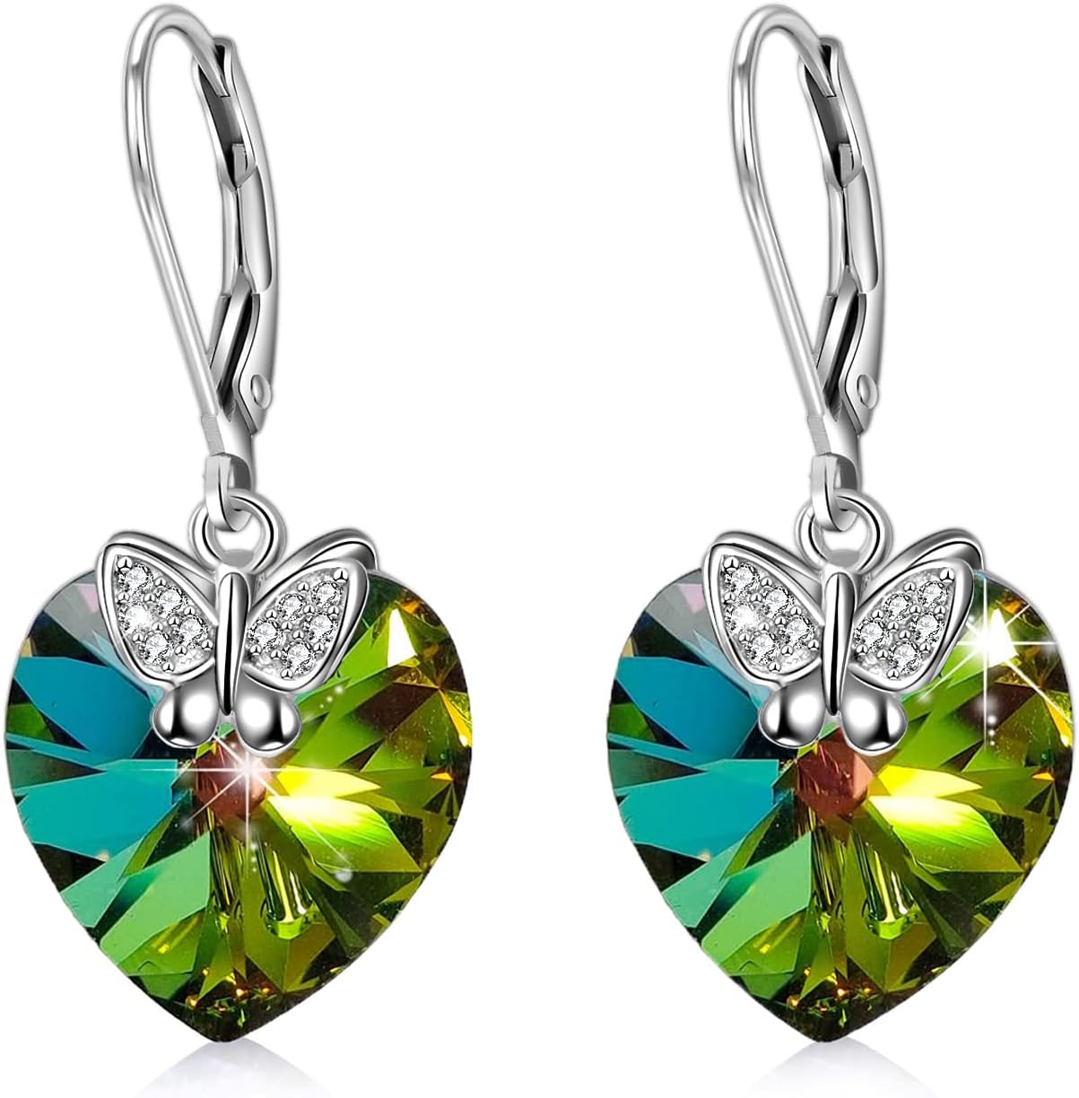 Leverback Earrings 925 Sterling Silver Heart Dangle Drop Earrings, Crystals from Austria, Birthday Jewelry Gifts for Women