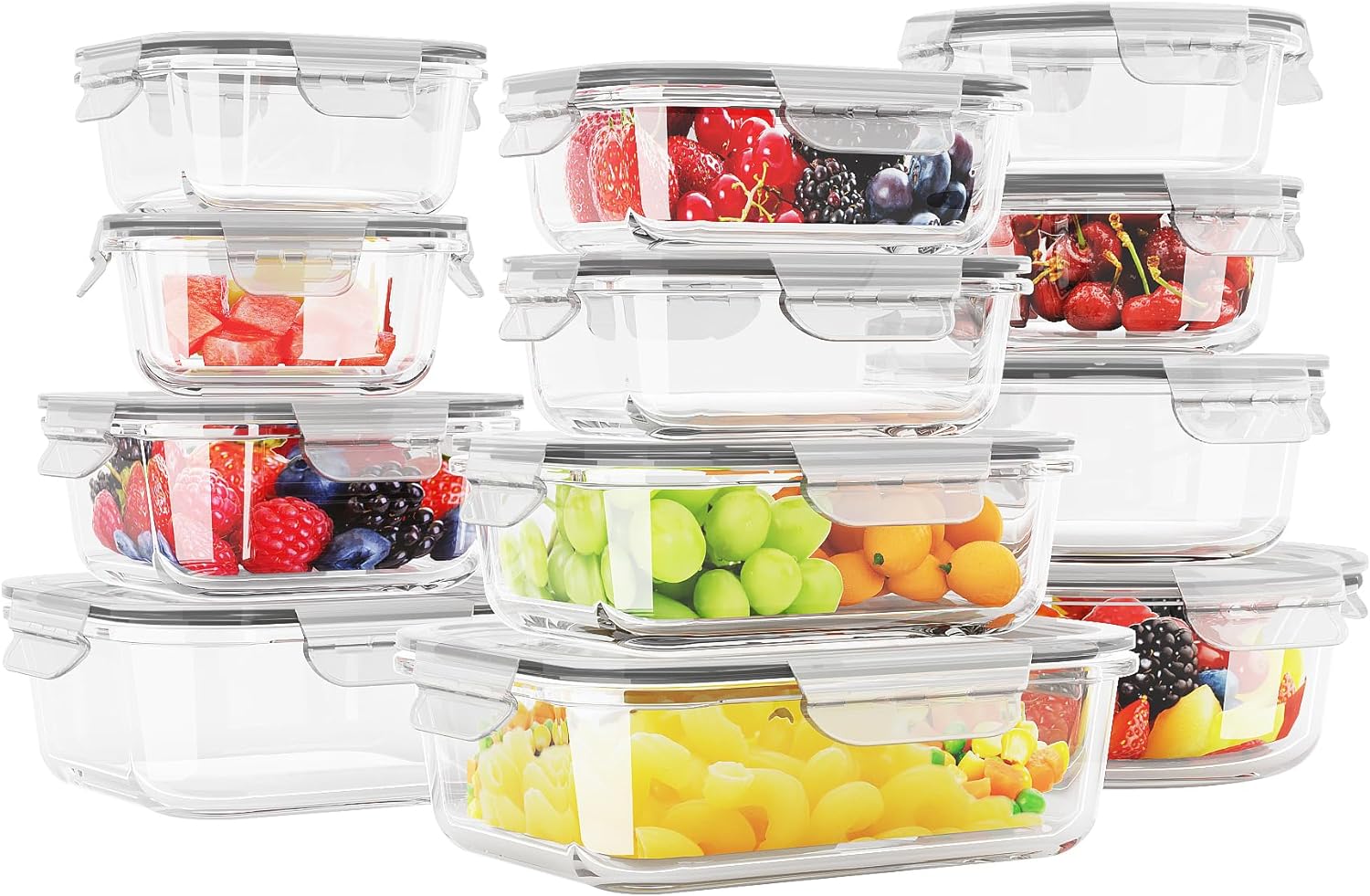 12 Sets Glass Food Storage Containers with Lids, Glass Meal Prep Containers, Airtight Glass Bento Boxes, BPA Free & Leak Proof, Pantry Kitchen Storage(12 lids & 12 Containers) - Gray