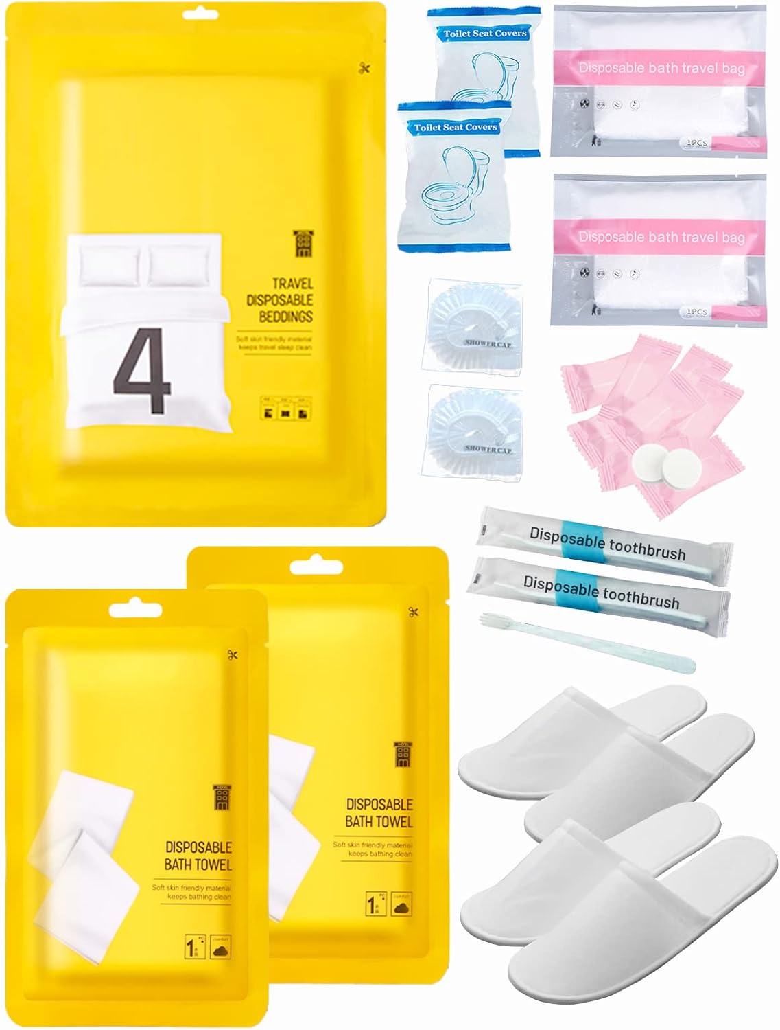 Disposable Travel Set : Bed Sheet1+Duvet Cover1+Pillow case2+Bath Towels2+Shower Caps2+Plastic Bathtub Bag2+Toilet Seat Covers2+Compression face Towel8+Toothbrushes2+Slippers2