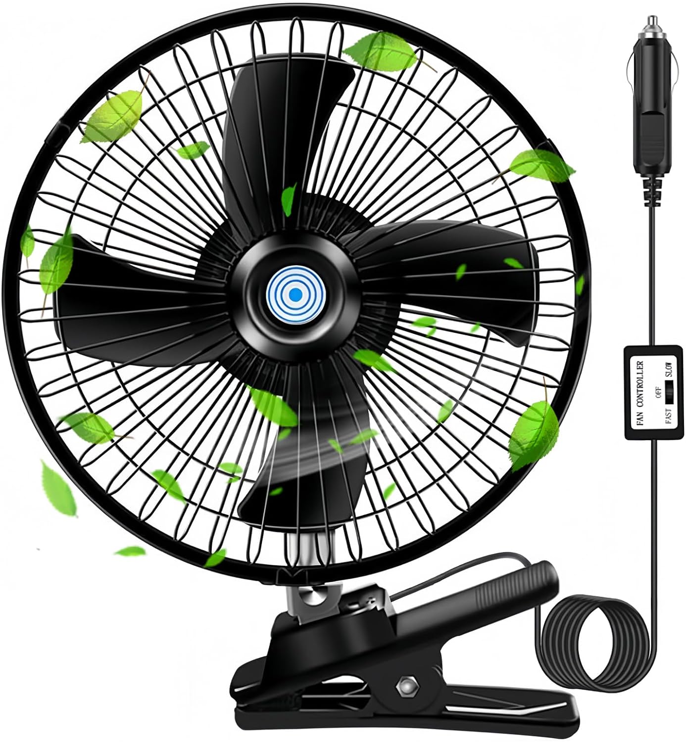 8''Car Fan,12V Portable Vehicle Cooling Fan,20W All Metal Car Clip-on Fan,Plug-type Two-speed Switch 180Automatic Rotation for Golf Cart,Tractor,Van,Truck,Boat,Buses,Camper (Black)