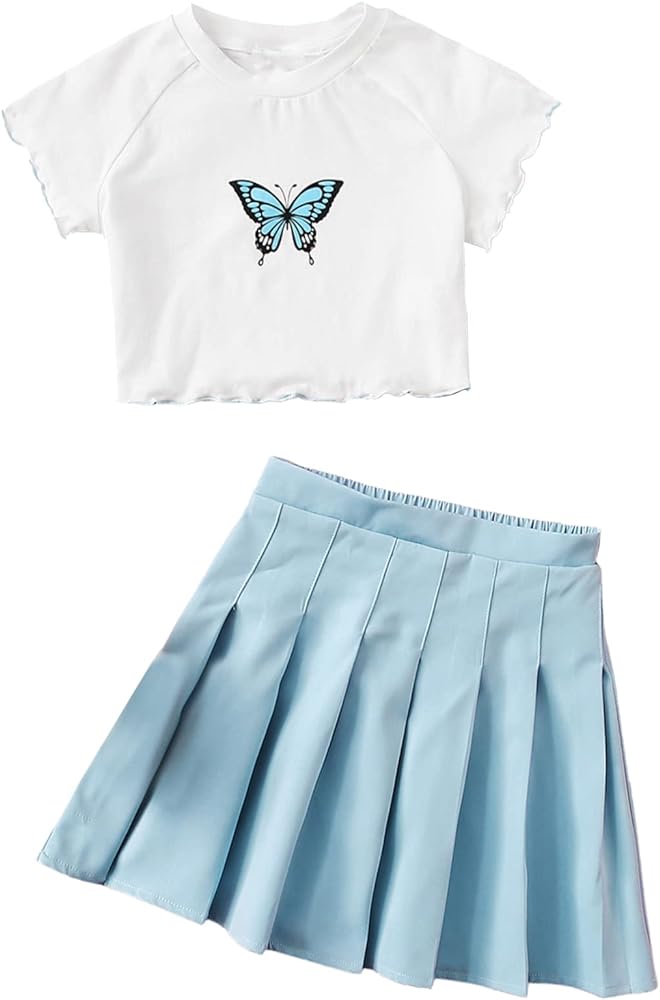 SOLY HUX Girl's Butterfly Print Short Sleeve Tee Top and Pleated Skirt Set 2 Piece Outfits