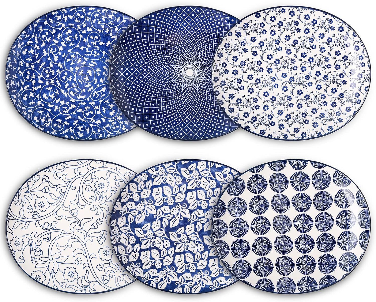 Selamica Porcelain Shallow Oval Dinner Plates, 11 inches Large Curve Plates For Dessert, Pasta, Salad, Microwave, Dishwasher, Oven safe, Set Of 6, Vintage Blue