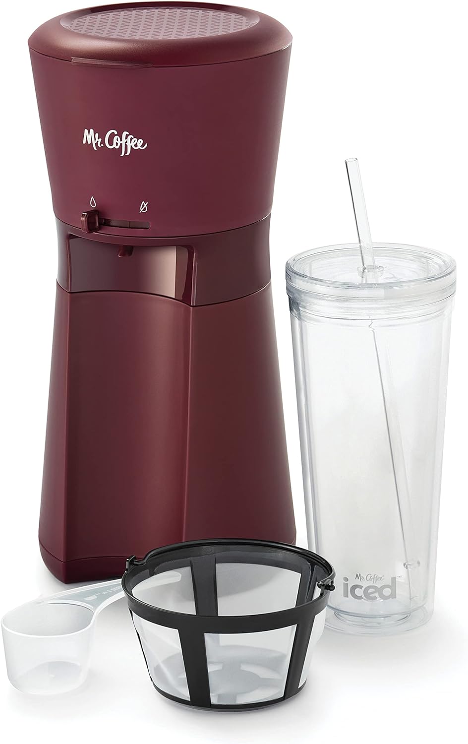 Mr. Coffee Iced Coffee Maker, Single Serve Machine with 22-Ounce Tumbler and Reusable Coffee Filter, Burgundy