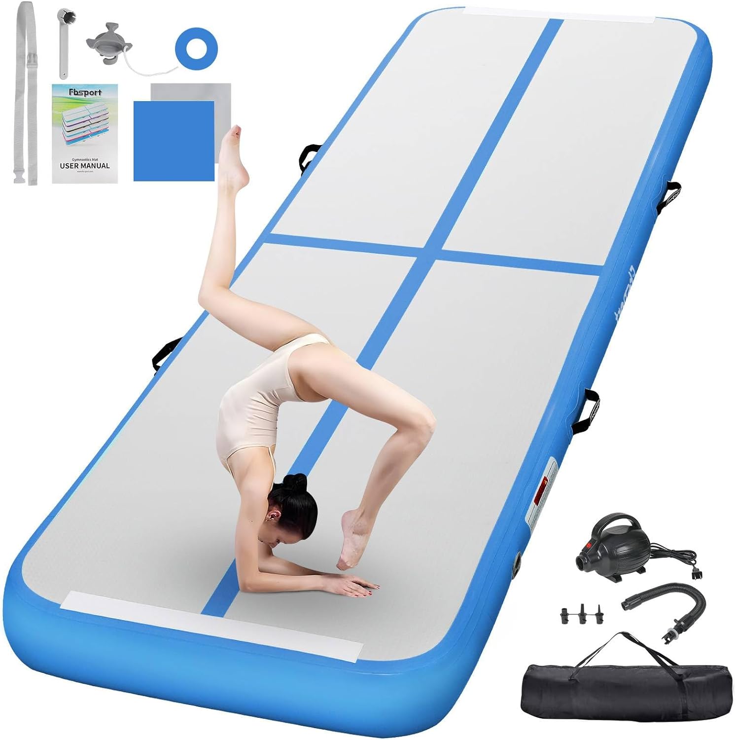 FBSPORT Inflatable Air Gymnastics Mat Training Mats 4/8 inches Thickness Gymnastics Tracks for Home Use/Training/Cheerleading/Yoga/Water with Pump