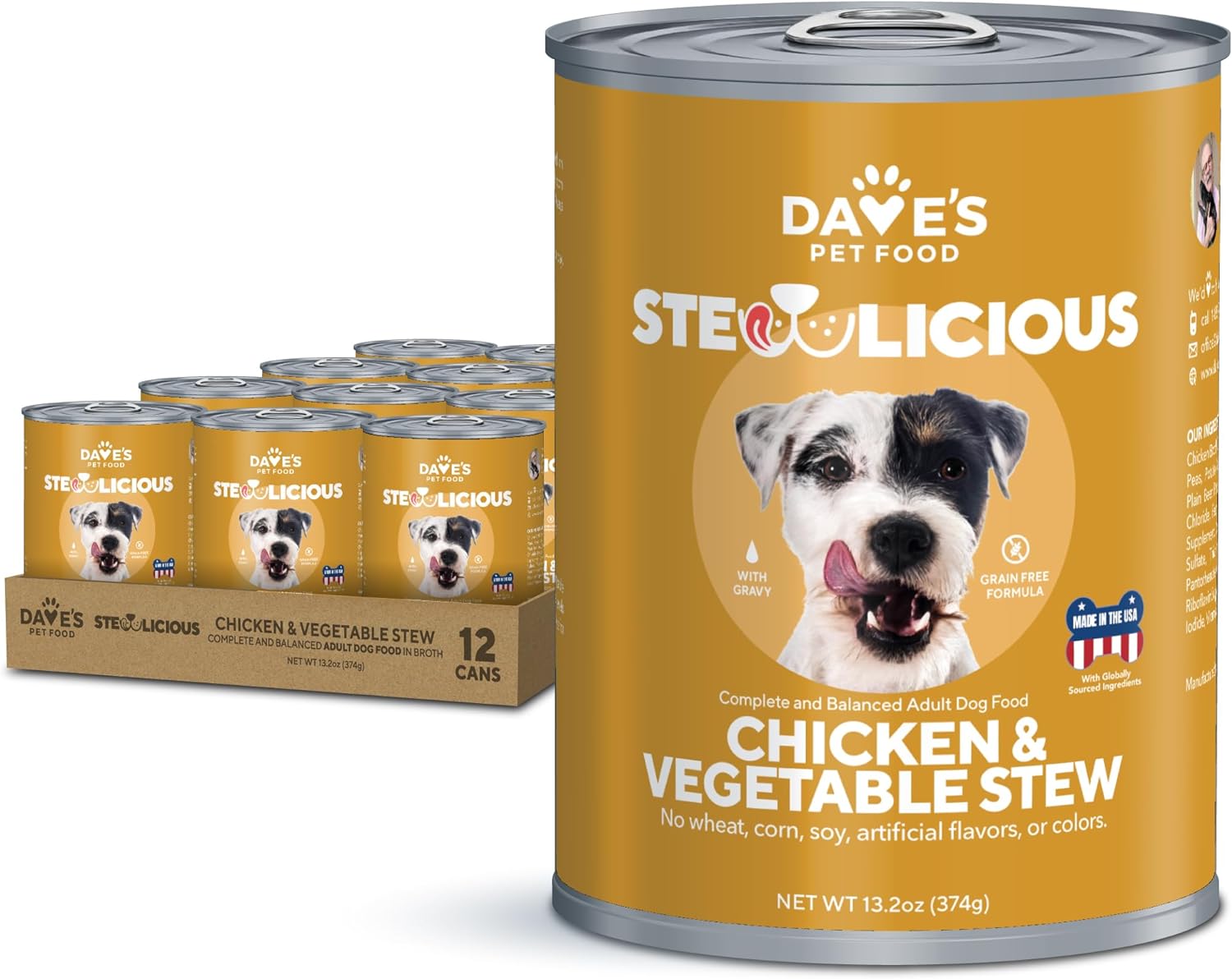 Dave's Pet Food Grain Free Wet Dog Food (Chicken & Vegetable in Gravy), Made in USA Naturally Healthy Canned Dog Food, Added Vitamins & Minerals, Wheat & Gluten-Free, 13.2 oz Cans (Case of 12)